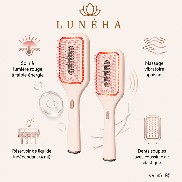 Brosse 3-en-1 by Lunéha : luminothérapie rouge, massage vibratoire, réservoir 4 ml et dents souples à coussin d'air