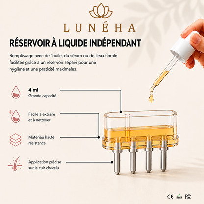 Réservoir à liquide indépendant 4 ml de la brosse 3 en 1 by Lunéha – facile à nettoyer, application précise sur le cuir chevelu