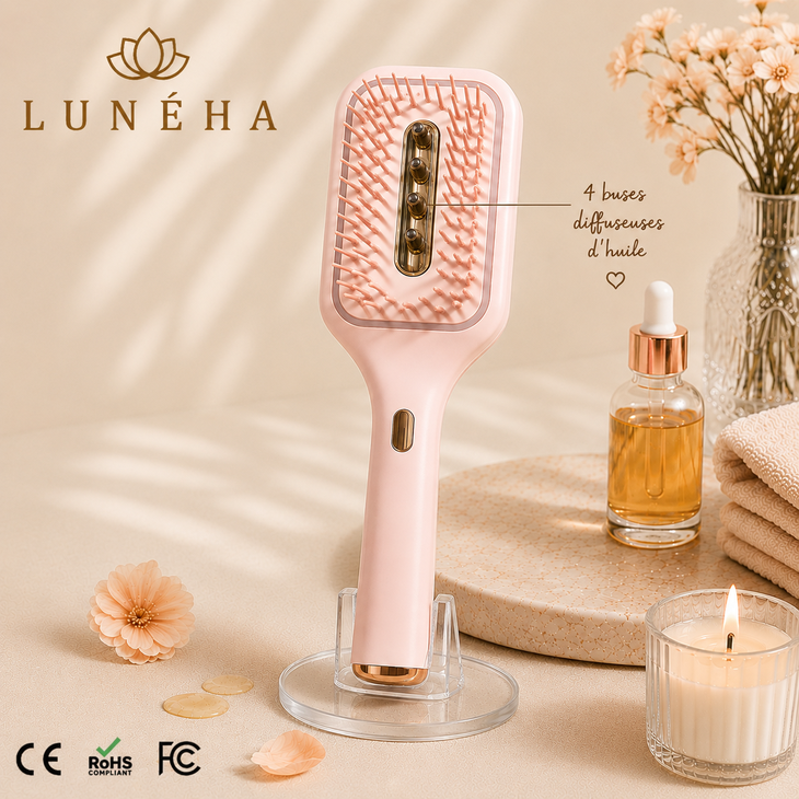 Brosse capillaire 3-en-1 by Lunéha rose avec 4 buses diffuseuses d'huile, certifiée CE RoHS FC